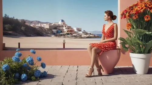 positano,girl in a long dress from the back,digital compositing,nerja,antalya,girl in flowers,cabo san lucas,girl in a long dress,capri,resort,mexico,morocco,seaside view,taormina,santa barbara,portofino,hotel riviera,oia,orange,acapulco