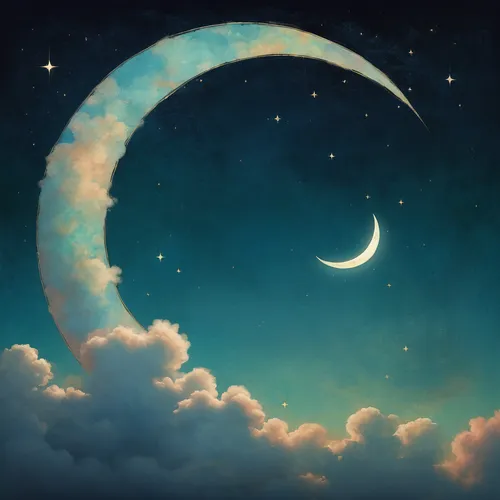 Illustrate a dreamy good night image with fluffy clouds and a crescent moon shaped like a smile.,crescent moon,moon and star background,hanging moon,moon and star,stars and moon,crescent,moon phase,mo