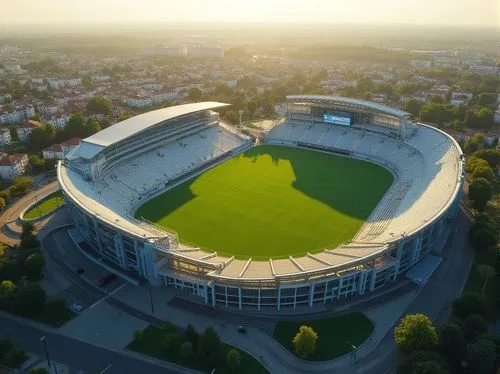 Suburban stadium, modern architecture, sleek curves, large glass windows, steel beams, vibrant green grass, detailed texture, afternoon sunlight, soft shadows, surrounding residential buildings, trees