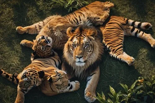 Fierce felines, majestic lions, regal tigers, powerful leopards, sitting, standing, lying down, solitary, group, savannah, jungle, forest, trees, grasslands, sunset, golden light, warm ambient, soft f