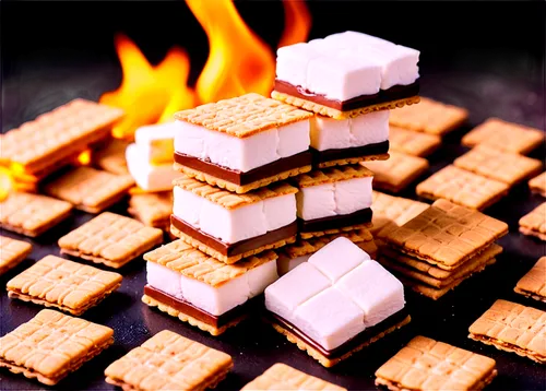 Marshmallow, chocolate, graham crackers, transparent background, colorful, sweet treats, dessert, campfire snack, roasted marshmallow, gooey center, crunchy crackers, golden brown, warm lighting, soft