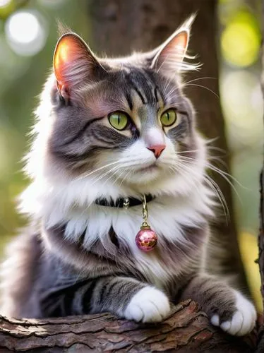 Whimsical shady cat, solo, (4yo), cute detailed eyes, pink nose, fluffy grey and white fur, sparkly collar with tiny bell, sitting, leaning on tree trunk, forest, sunny afternoon, warm light filtering