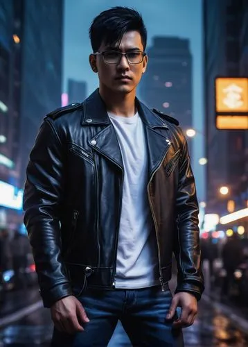 Realistic Lugia, male, muscular, 30s, short spiky black hair, sharp facial features, intense gaze, silver framed glasses, black leather jacket, white shirt, dark blue jeans, black boots, standing, con