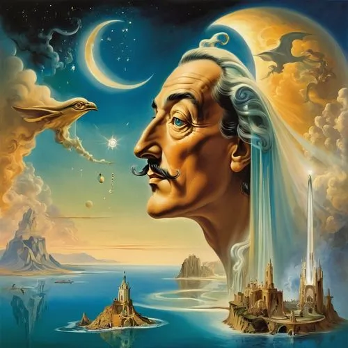 el salvador dali,dali,baron munchausen,groucho marx,surrealism,surrealistic,copernican world system,astral traveler,science fiction,astronomer,theoretician physician,sci fiction illustration,theory of relativity,science-fiction,brauseufo,herfstanemoon,fantasy art,odyssey,mysticism,scene cosmic,Illustration,Realistic Fantasy,Realistic Fantasy 01