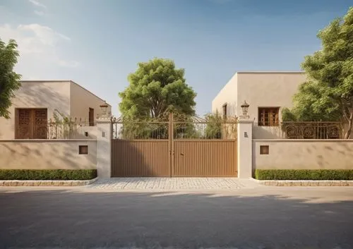 an empty residential driveway with a gate and building behind it,saliyah,baladiyat,diriyah,hurriyah,qasr al watan,dunes house,Photography,General,Natural