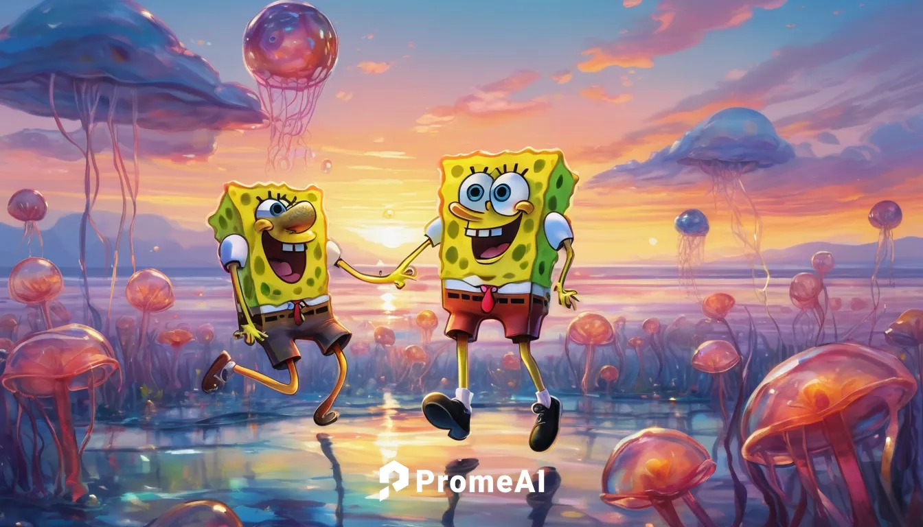 Imagine Spongebob and Patrick playing basketball in Jellyfish Fields during a peaceful sunset.,house of sponge bob,sponge bob,sponges,acid lake,plankton,april fools day background,scuba,under sea,sea 