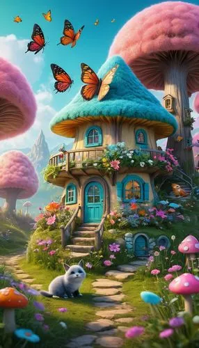 mushroom landscape,fairy village,mushroom island,fairy world,fairy forest,fairy house,dandelion hall,cartoon forest,bee farm,butterfly background,apiarium,fairy chimney,children's background,scandia gnomes,fantasy landscape,spring background,toadstools,cartoon video game background,bird kingdom,mushrooms,Photography,General,Fantasy