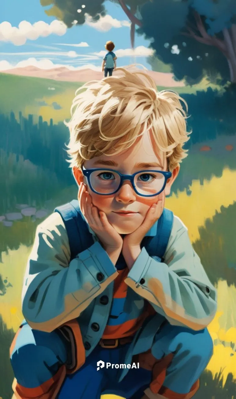 a 4 years old boy,a painting of a  wearing glasses and a blue shirt,arthur,finnian,farmboy,kids illustration,digital painting,children's background,Illustration,Vector,Vector 08