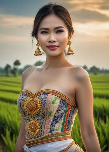 beautiful Thai  woman with perfect breasts wearing typical Thai dress, on Rice fields background, identity culture of Thailand,vietnamese woman,miss vietnam,vietnamese,indonesian women,javanese,thai,c