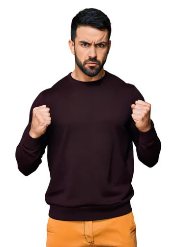 Motivational picture, strong muscular man, standing pose, clenched fists, determined facial expression, short black hair, beard, sporty casual wear, athletic build, fit physique, intense gaze, bright 