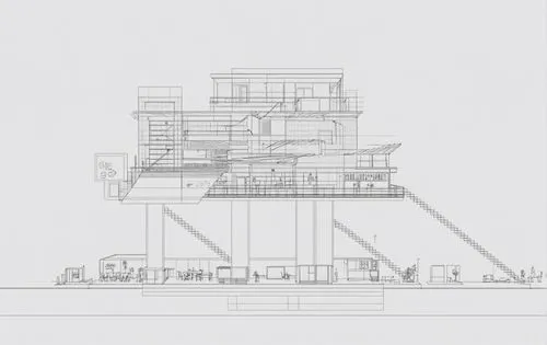 an platform city，生成时候只照顾线条即可，将这个当作一个建筑的section view的图纸来对待，不要加入过多的装饰物.将platform city下面的城市作为最简单化只保留形状,a black and white drawing shows a large building,sketchup,line drawing,house drawing,unbuilt,revit,c