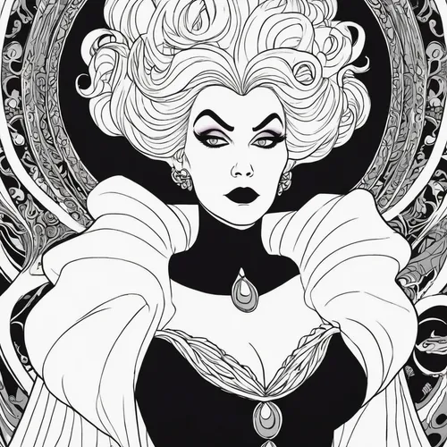 queen of hearts,vampira,cruella de ville,the snow queen,white rose snow queen,art deco woman,queen of the night,vampire lady,art nouveau design,widow,art nouveau,la calavera catrina,the enchantress,sorceress,la catrina,victorian lady,coloring page,gothic woman,mucha,cruella,Illustration,Black and White,Black and White 21