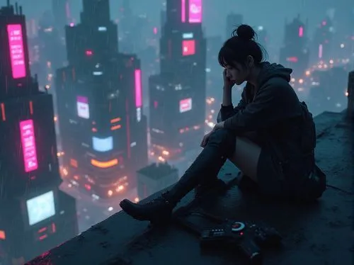 cyberpunk,dystopian,kaidan,above the city,cybercity,cityscape