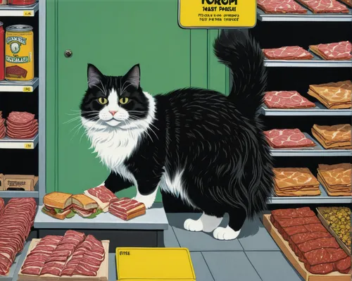 A Norwegian Forest cat stealing pastrami from a local store.,cat cartoon,meat counter,butcher shop,meat products,cat food,pet food,pet shop,american curl,deli,cat supply,domestic animal,cat european,s