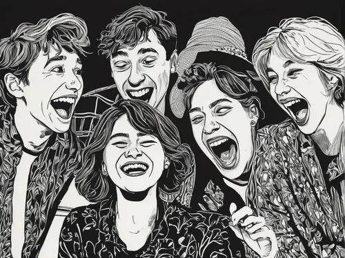 Generate a comical gif of a group of friends laughing uncontrollably at a funny joke.,laugh,beatles,laughter,to laugh,the beatles,entertainers,laugh at,laughing,singers,pop art people,happy faces,musi