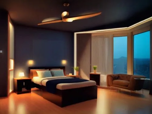 sleeping room,modern room,bedroom,great room,ceiling-fan,interior decoration,visual effect lighting,modern decor,guest room,3d rendering,contemporary decor,japanese-style room,bedroom window,sky apartment,room lighting,interior design,interior modern design,canopy bed,interior decor,ceiling fan