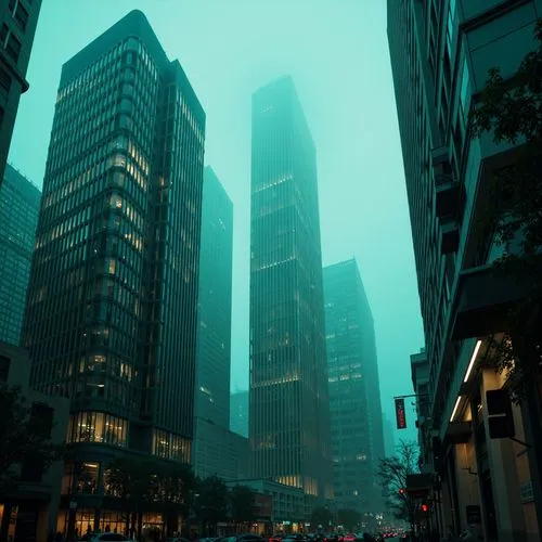 Monochromatic skyscrapers, sleek metallic towers, bold geometric shapes, vibrant neon lights, futuristic cityscape, urban landscape, concrete jungle, atmospheric mist, low-key lighting, cinematic comp