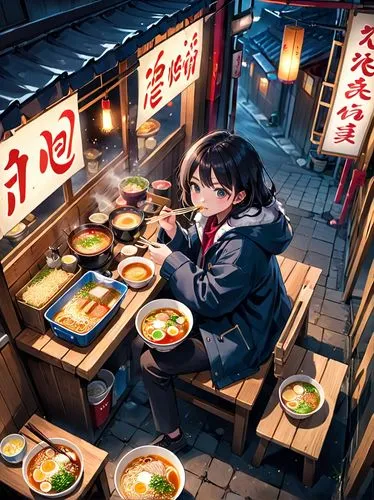 a woman wearing coat and pants, sitting on a chair at a ramen stall, eating ramen, looking at ramen, steam on hot ramen, single ramen stall in rural area, dark surrounding, blushing, happy, night, mas