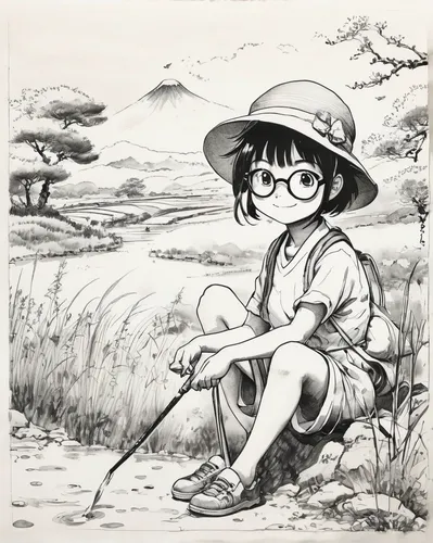 studio ghibli,hiker,mari makinami,beachcombing,adventurer,gardening,girl drawing,in the tall grass,wander,safari,yamada's rice fields,vintage drawing,marie leaf,bookworm,park ranger,countrygirl,little girl reading,shirakami-sanchi,takikomi gohan,child portrait,Illustration,Paper based,Paper Based 30