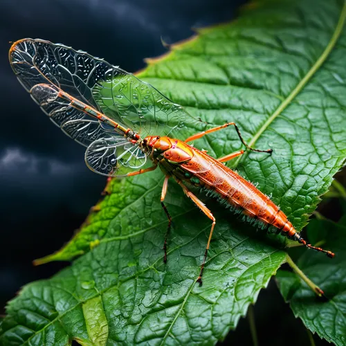 "Generate an image of a lacewing with cybernetic enhancements perched on a withered leaf in a neglected garden under fading light, with storm clouds gathering ominously, symbolizing the fusion of natu