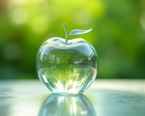 An artistic image of a crystal-clear, glass apple made of transparent, clear glass, laying on a smooth surface, backlit by natural light, a green bokeh background.,a close up of an apple on a table,gr