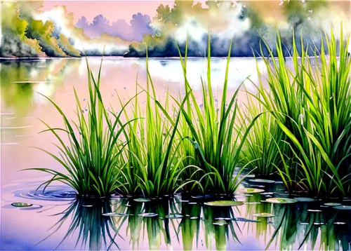 wetland,wetlands,reedbed,waterscape,aquatic plant,cattails,reeds,water scape,reed grass,swampy landscape,landscape background,nature background,aquatic plants,waterbody,evening lake,pond,reedbeds,swamps,bulrushes,ricefield,Illustration,Paper based,Paper Based 24