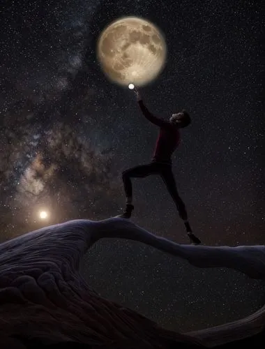 Student man carrying a bag and trying to catch the moon,moon walk,photo manipulation,the universe,digital compositing,photomanipulation,world digital painting,astronomical,orbiting,ophiuchus,andromeda