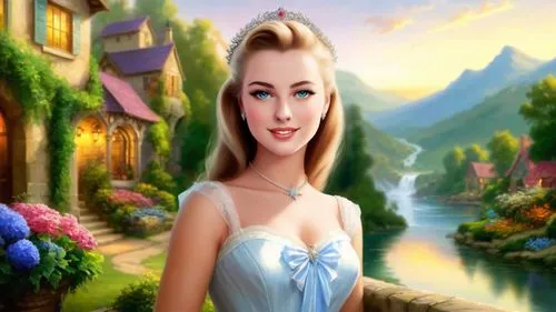 Romantic masterpiece oil painting, cute girl portrait, nostalgic 1950's style kitsch, breathtaking beautiful kingdom landscape, majestic fantasy scenery, evening lighting, highly detailed highres, abs