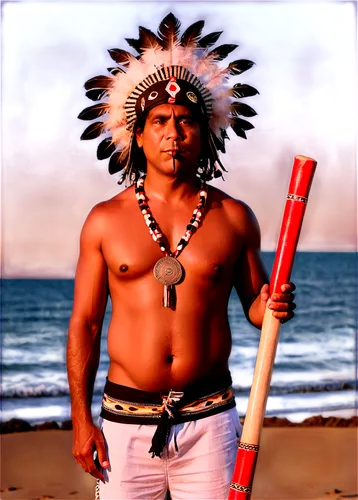 Aboriginal man, traditional clothing, feathered headdress, painted face, holding didgeridoo, playing musical instrument, standing in desert landscape, warm sunset lighting, relaxed posture, natural fa