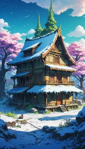 winter house,ghibli,teahouse,studio ghibli,japanese sakura background,sakura background,Illustration,Japanese style,Japanese Style 03