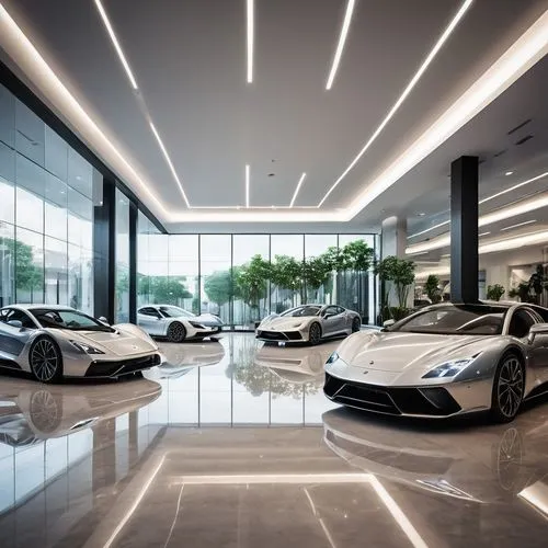 Luxury car showroom, modern architecture, sleek glass facade, silver metallic frames, automatic sliding doors, high-ceiling interior, polished marble floor, spotlights shining down, rows of luxury car