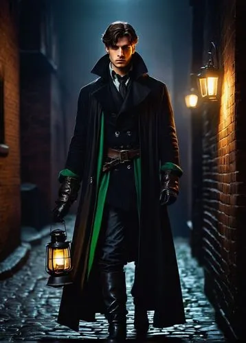 Inquisitive rogue, male, lean build, messy brown hair, sharp facial features, piercing green eyes, scar above left eyebrow, black leather gloves, dark grey cloak, worn boots, holding a lantern, dimly 