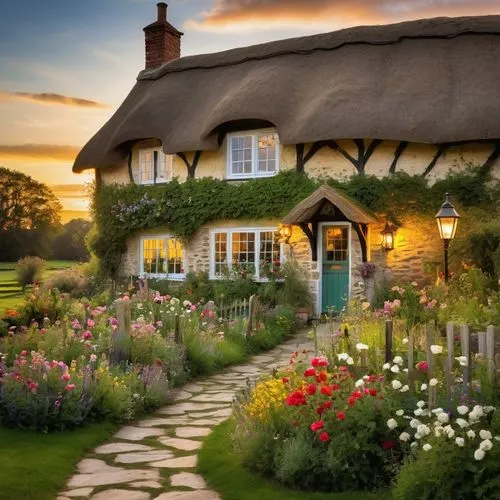 Cottage, home, English countryside, thatched roof, wooden door, flower box, climbing vines, white picket fence, lush green grass, colorful blooms, rustic stone path, lantern porch light, warm sunset g