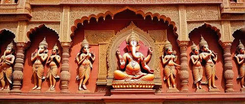 Ancient Indian Hindu temple, intricate carvings, ornate sculptures, red sandstone walls, golden domes, towering spires, ornamental archways, delicate filigree, vibrant frescoes, Lord Ganesha idol, pri