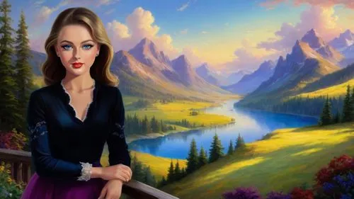 Romantic masterpiece oil painting, beautiful slim busty woman portrait, nostalgic 1950's style kitsch, standing in front of a breathtaking beautiful epic vast landscape, majestic vibrant lush wilderne