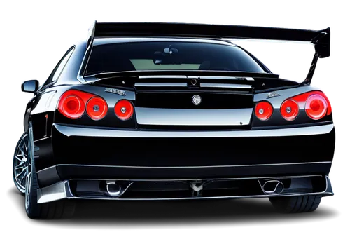 Skyline GTR, sports car, back view, sleek design, spoiler, rear wing, glossy black paint, chrome exhaust pipe, alloy wheels, low-angle shot, dramatic lighting, shallow depth of field, vibrant color to