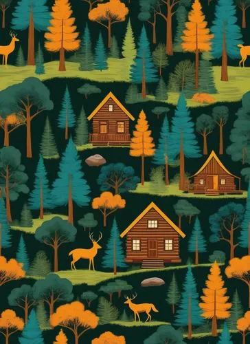 西部乡村木屋森林复古元素矢量图,a green and yellow forest with brown houses, deers, and trees,cartoon forest,log cabin,houses clipart,treehouses,house in the forest,background pattern,Illustration,Retro,Retro 26