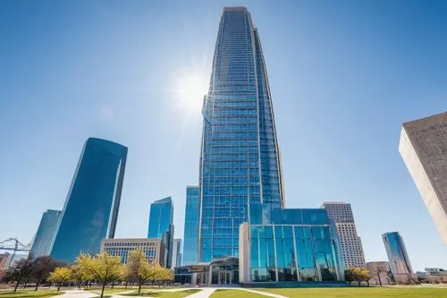 Dallas architecture tour, daytime, sunny, clear blue sky, modern skyscrapers, glass and steel buildings, Reunion Tower, Bank of America Plaza, Dallas City Hall, historic Dealey Plaza, ornate details, 