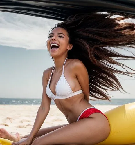 Shooting from a distance.  She is in a white bikini sitting on a big inflatable banana.   Dragging fast in the Red Sea, hair blowing in the wind.  she laughs  Details.  Sporty photography style.,jet s