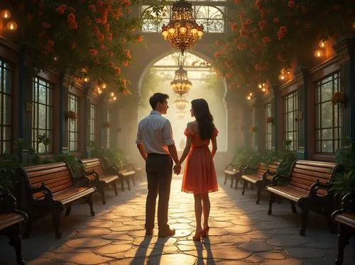 Romantic metro station, elegant Victorian-era architecture, grand chandeliers, intricate ironwork, soft warm lighting, lush greenery, beautiful blooming flowers, ornate stone floors, vintage wooden be