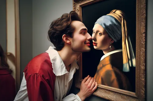 vintage man and woman,romantic portrait,doll looking in mirror,art dealer,the girl's face,magic mirror,admired,the mona lisa,the mirror,young couple,self-reflection,courtship,girl with a pearl earring,man and woman,fine art,mirror image,popular art,vintage boy and girl,mona lisa,vintage art