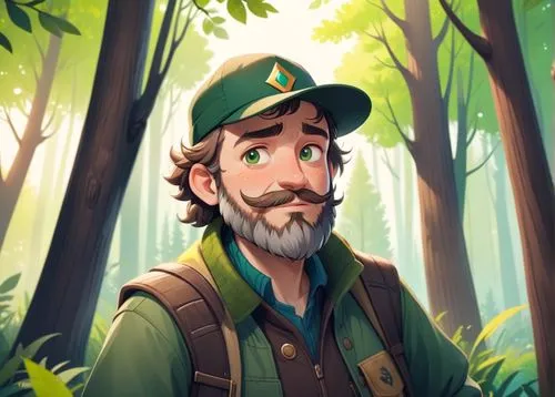 A 50 year old man, he is a forester, he is wearing a cap with a deer logo on it, his beard is greay colored, hes is wearing forester clothes green and brown colored,a man with a beard standing in a fo