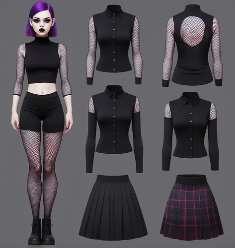 Paper doll goth purple dyed haired girl in black sleeveless shirt ,black tight fit spandex shorts, complete full length fishnet and black boot standing surrounded by with a set of goth fashion clothin