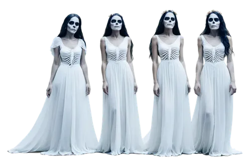 Skeletons of women, spooky, Halloween theme, ghostly transparent bodies, flowing white dresses, bare feet, long hair, eerie atmosphere, dim lighting, shallow depth of field, cinematic composition, pan