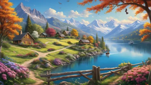 landscape background,autumn landscape,autumn background,fall landscape,autumn mountains,fantasy landscape,home landscape,autumn scenery,autumn idyll,mountain landscape,mountain scene,mountainous landscape,nature landscape,mountain settlement,beautiful landscape,fantasy picture,alpine village,salt meadow landscape,cartoon video game background,rural landscape,Photography,General,Natural