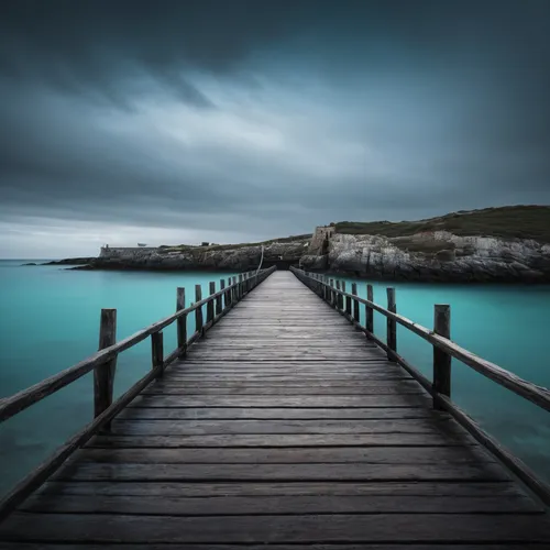 dark aethestic photograph of a pier in a closed of cove with aquamarine water,wooden pier,wooden bridge,landscape photography,blue waters,old jetty,fishing pier,jetty,old pier,st ives pier,blue water,