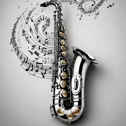 Saxophone with musical notes coming out of it, starting small and growing in to arc shape in black and white format ,baritone saxophone,tenor saxophone,saxophone,saxophonist,saxophone playing man,flug