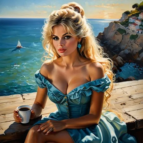 woman drinking coffee,woman at cafe,the sea maid,woman with ice-cream,blonde woman,girl on the boat,Photography,General,Fantasy