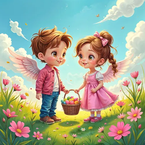 little boy and girl,girl and boy outdoor,cute cartoon image,children's background,little angels,spring background