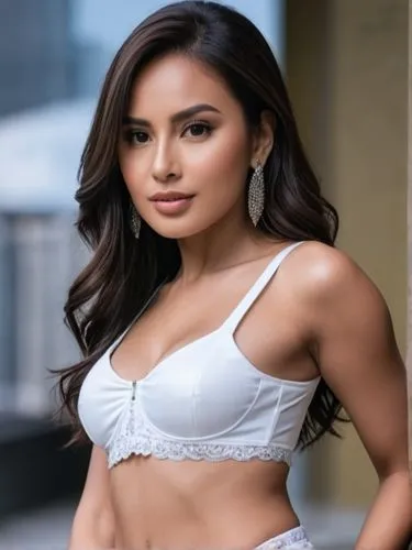 The scene takes place in a busy city. High resolution, background very blurred.,the woman is posing for the camera wearing white let,filipino,chebli,filipina,madhusmita,charnvirakul,amitava saha,Photo